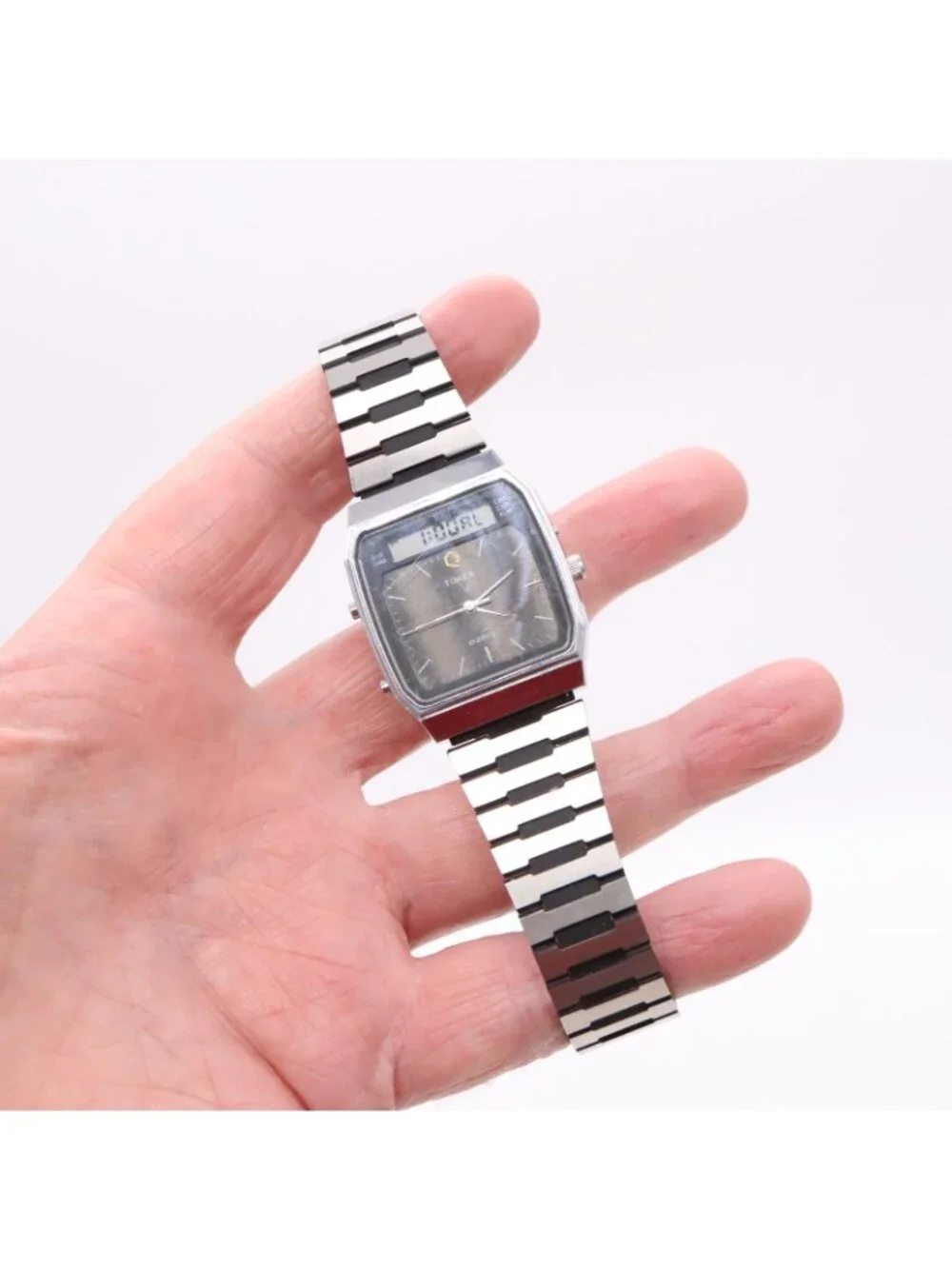 Vtg TIMEX Q Analog Digital Watch Men Alarm Chrono Silver Tone V Cell ISSUES READ